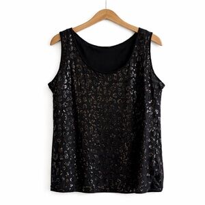 Calvin Klein Black Sequin Leopard Tank | XL | Tonal Animal Print Evening Top